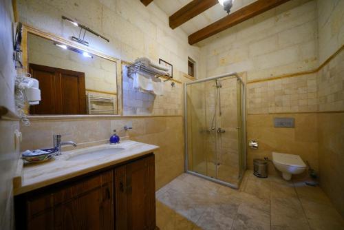 a bathroom with a shower and a sink and a toilet at Harman Cave Hotel in Goreme