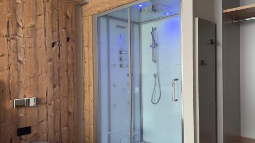a shower with a glass door in a bathroom at A&F LUXURY Rooms Pinzolo in Pinzolo