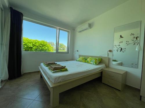 a bedroom with a bed with a large window at Caprice Apartment in Lozenec in Kiten