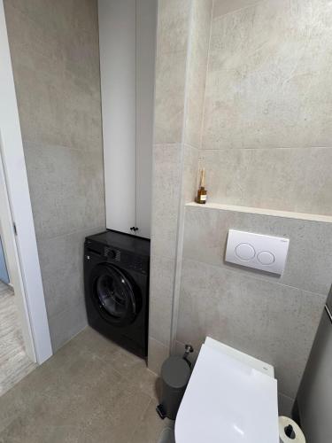 a bathroom with a toilet and a washing machine at Ferula apartment Vir in Vir