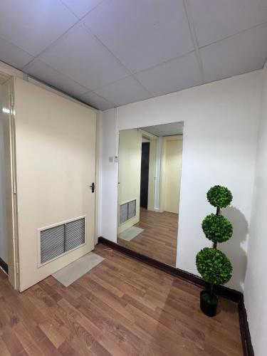 an empty room with a potted plant and a hallway at Capital View in Abu Dhabi