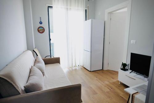 a living room with a couch and a television at Aren Penthouse in Vlorë
