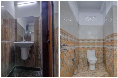 two pictures of a bathroom with a toilet and a sink at Hotel O V Knot Residency in Port Blair