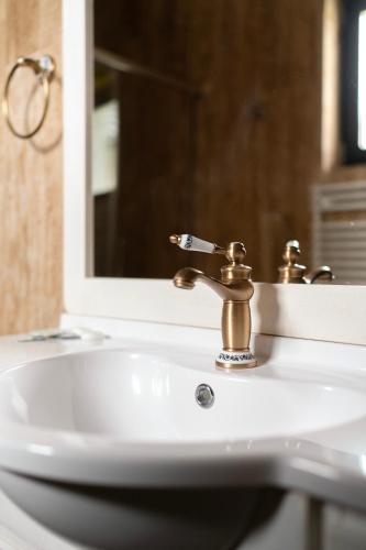 a bathroom sink with a gold faucet and a mirror at Pensiunea Cocosel in Căstău