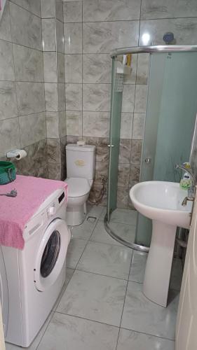 a bathroom with a washer and a toilet and a sink at KESKİN günü birlik konut in Macka