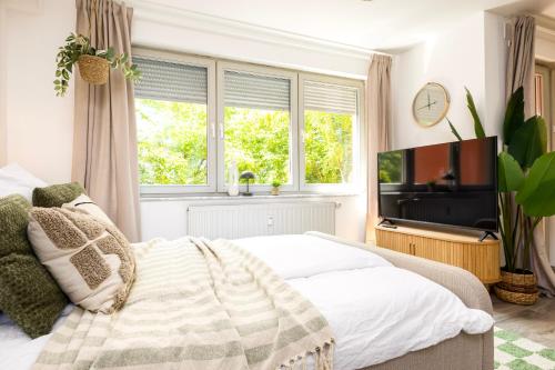 a bedroom with a bed and a tv and windows at StayTime - Canopy Loft in Dresden