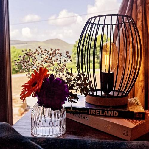 a bird cage and a vase with flowers on a table at Ballyhoura Glamping in Ballyorgan