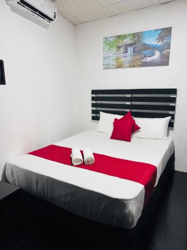 a bedroom with a large bed with red pillows at Cinnamon Villa - Ambuluwawa in Gampola