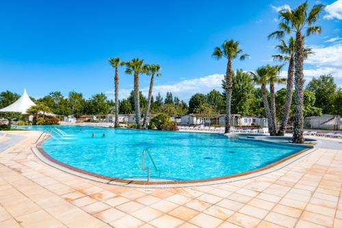une piscine avec des palmiers dans un complexe hôtelier dans l'établissement Camping la carabasse, à Vias
