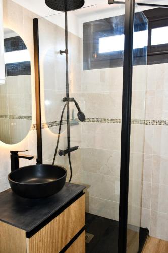 une salle de bain avec un lavabo et une douche dans l'établissement Appartement deux pièces au bord de la plage, au Barcarès