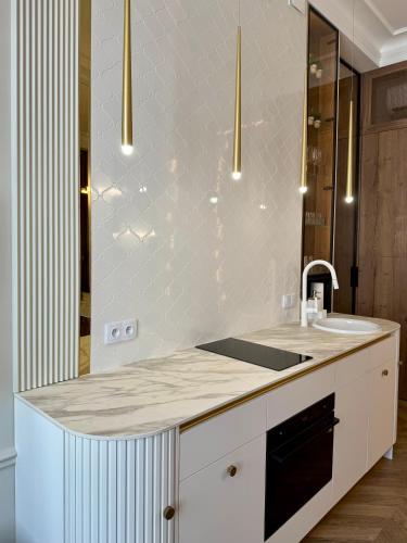 a kitchen with a sink and a counter top at ROOSEVELTA RESIDENCE Apartments - przy OFF Piotrkowska in Łódź