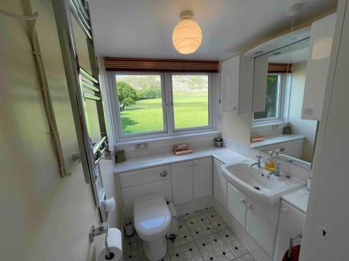 Un baño con inodoro, lavabo y ventana. en Wood Cottage, en Peebles