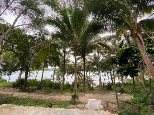 a white chair sitting under palm trees on the beach at Jasmine Jungle Villa KohRong in Kaôh Rŭng