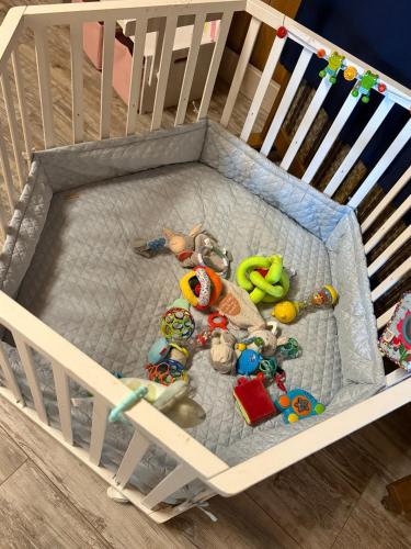 a baby crib filled with toys in a crib at Boga's im Schützenhof Hüttenbusch in Worpswede