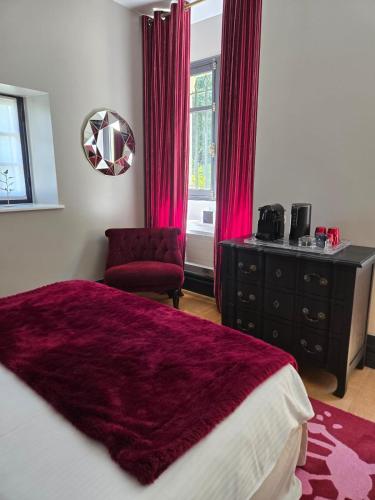 a bedroom with a bed and a chair and a window at Château de Courtebotte in Saint-Jean-de-Blaignac