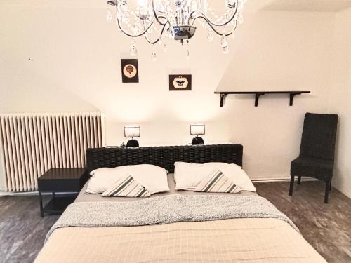 a bedroom with a bed and a chandelier at 3-Zimmer-Stadtapartment mit Terrasse in Sankt Veit an der Glan