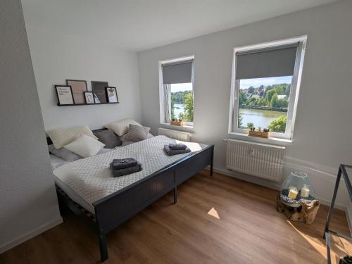 a bedroom with a bed and two windows at Ferienwohnung Teichblick in Altenburg