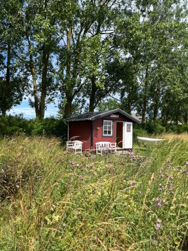 a small red and white house in the middle of a field at Frølundegaard B&B in Korsør