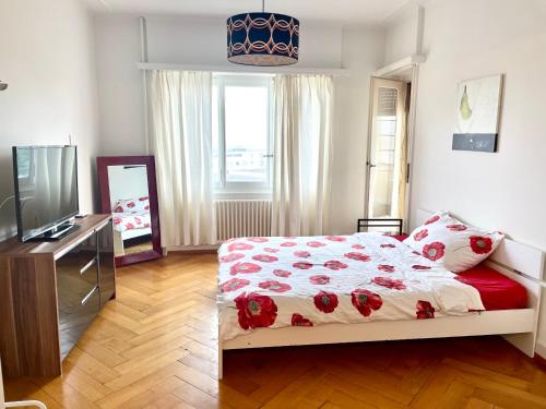 ein Schlafzimmer mit einem Bett und einem Fernseher darin in der Unterkunft Grand Appartement de 3 chambres in Lausanne
