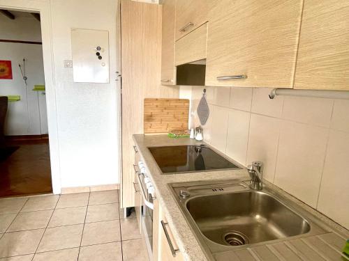 eine Küche mit einer Spüle aus Edelstahl und Holzschränken in der Unterkunft Grand Appartement de 3 chambres in Lausanne