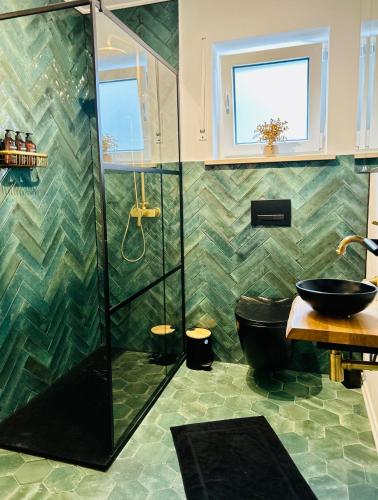 a bathroom with a shower and a sink at Das Auental-Appartment in Köditz