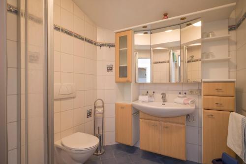 a bathroom with a sink and a toilet and a shower at Sonnenappartement in Mayrhofen