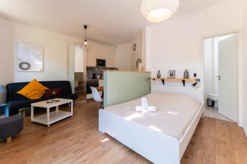 un salon avec un canapé blanc et un salon dans l'établissement Colmar Historic Center - BELLE ALSACE - Studio 1 Terrasse - BookingAlsace, à Colmar