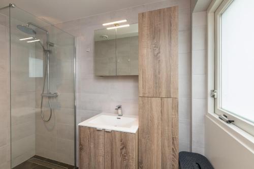 a bathroom with a sink and a shower at Welcome in - Vakantiewoning Jikkemien met terras, vrij uitzicht en huisdiervriendelijk in Koudekerke