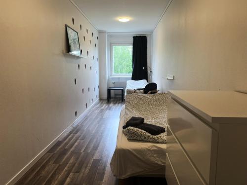 a living room with two beds and a window at Rentalux Hostel - Budget Double & Single rooms in Timrå