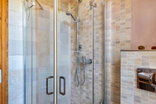 a shower with a glass door in a bathroom at Der Flusshof, Ferienhaus in Werben