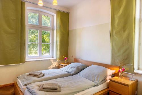 a bedroom with two beds and two windows at Der Flusshof, Ferienhaus in Werben
