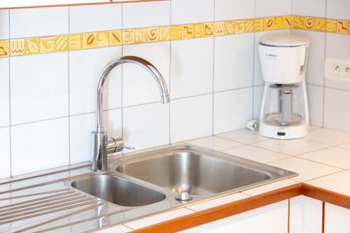 eine Küchentheke mit einer Spüle und einem Mixer in der Unterkunft Gite Glycine, Kerantum in Mahalon