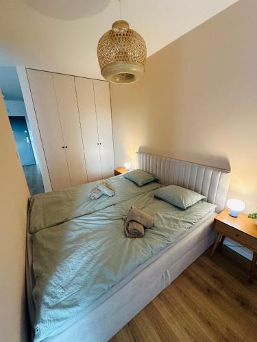 una camera da letto con un letto con una borsa sopra di Green Flat a Tarnowskie Góry