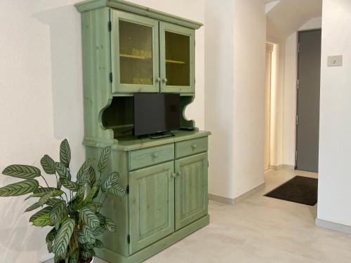 a green cabinet with a tv on top of it at Piano terra con esterno privato vicino a Pinzolo in Carisolo
