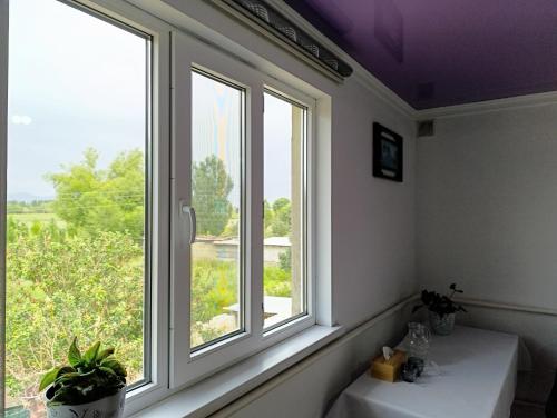 a room with two windows with a view of a field at Travel Around Guest House in Kochkor