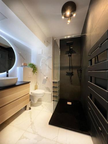 une salle de bain avec un lavabo et des toilettes dans l'établissement Penthouse Mc & Sea View -parking, à Beausoleil