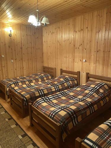 three beds in a room with wooden walls at Shatili ( Green House ) in Shatili