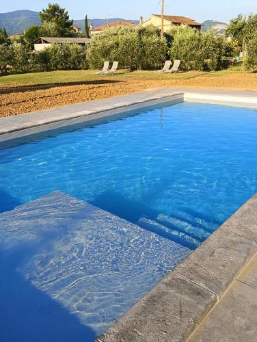 a swimming pool with blue water in a yard at CORTONA Piscina e Paradiso Verde Adults Only in Cortona