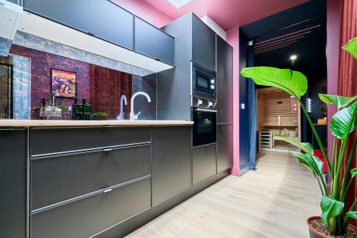 a kitchen with black cabinets and a potted plant at Le Cinema - Les Demeures d'Adrien in Armentières