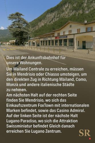 a sign in front of a building with a mountain at La Grotta 250m dal lago RDA Lux AP in Mendrisio