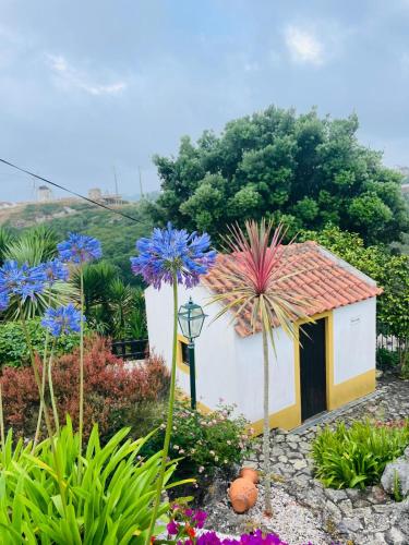 a garden with flowers and a house with an umbrella at Alto Paraíso Boutique Hotel in Reguengo Grande