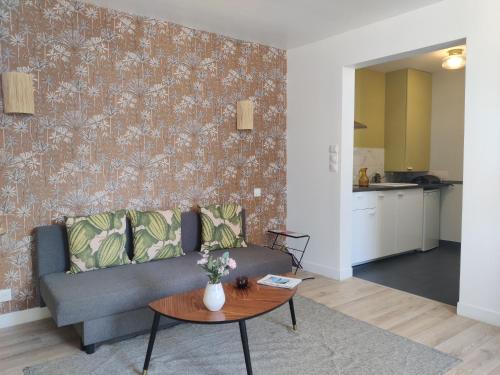 un salon avec un canapé et une table dans l'établissement Cosy et calme, chambre séparée avec bureau et fibre, à Tours