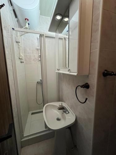 a small bathroom with a sink and a shower at Vikendica Ksenija in Jasikovice