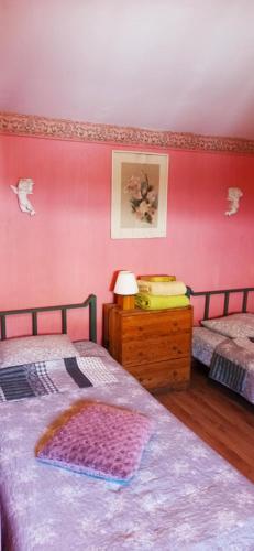 two beds in a bedroom with pink walls and a dresser at Pokoje gościnne Dorado-Agroturystyka in Leoncin