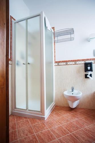 a bathroom with a glass shower and a sink at Hotel Il Castello in Pozzolengo