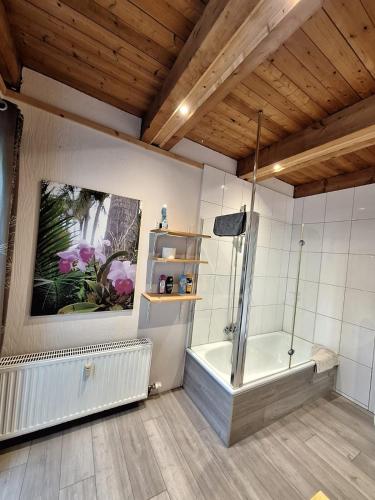 a bathroom with a shower and a bath tub at Ferienwohnung In den Gärten mit Katze in Spelle