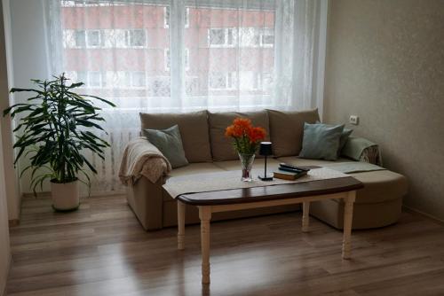 a living room with a couch and a table with flowers at Külaliskorter Tõrva linnas in Tõrva
