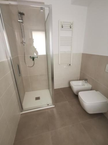 a bathroom with a shower and a toilet and a sink at La Bianca Dimora in Sulmona
