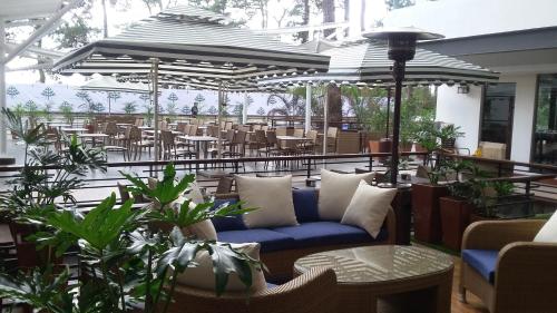 a patio with a blue couch and tables and umbrellas at Grand Sierra Pines Baguio in Baguio