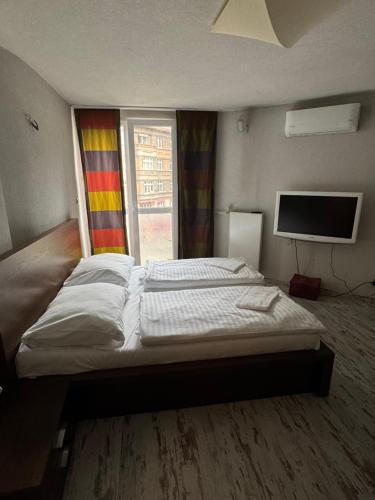 a bedroom with a large bed and a television at No taxi needed with parking in Bratislava